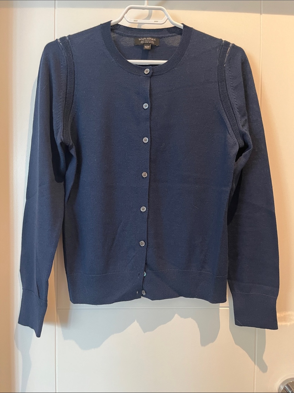 Banana Republic Navy Crewneck Button-Front Merino Wool Lightweight Cardigan